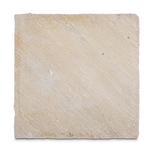 Single square slab of tumbled Mint sandstone paving, seen from above, showing colour, fossils and riven texture.***
