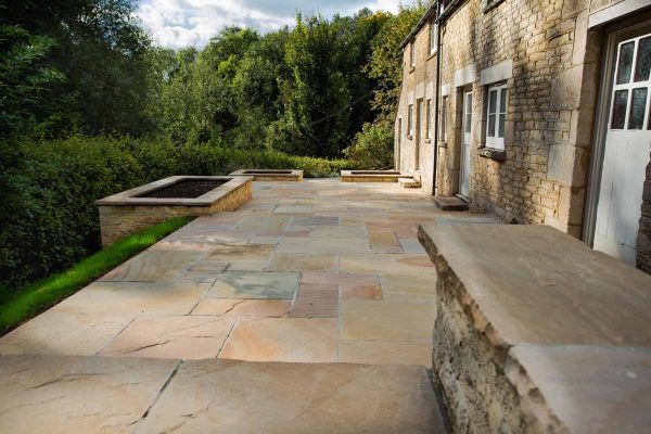 Single Camel Dust Indian sandstone slab seen from above, showing surface texture and sandy colours. Free UK delivery available.***