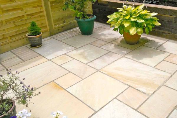 Single Mint Indian sandstone slab seen from above, showing surface texture, veins and markings. Free UK delivery available.***