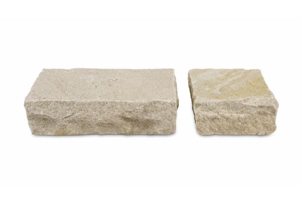2 Mint Sandstone setts against white background, one measuring 200x100mm and the other 100x100mm, showing hand-cut edges.***