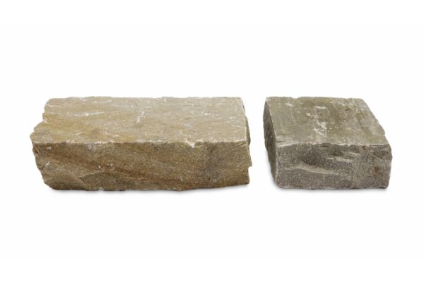 2 sizes of Raj Green sandstone setts against white background to show colour and relative size. Free UK delivery available.***