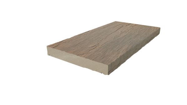 Single Autumn Brown Indian Sandstone Rock-Faced straight coping stone, with drip-line edge profile applied to the long sides.***Image Displaying Autumn Brown Straight Coping
