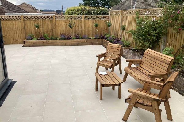 Single Venetian Beige Porcelain Paving tile, from above, showing smooth texture and even colour. Available nationwide in the UK.***